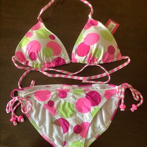 Xhilaration Swim White Pink Green Polka Dot Triangle String Bikini L Top M Bottoms Poshmark