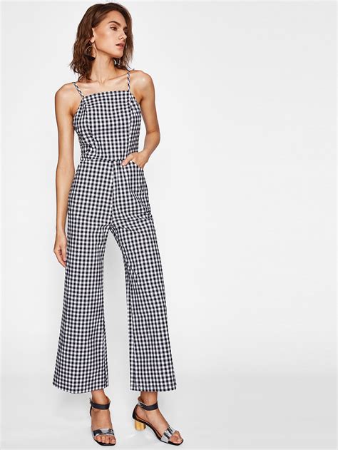 Shirred Back Gingham Cami Jumpsuit Shein Sheinside