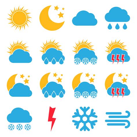 Set Of Sixteen Weather Icons Multicolored Icons For Different Weather Conditions Vector