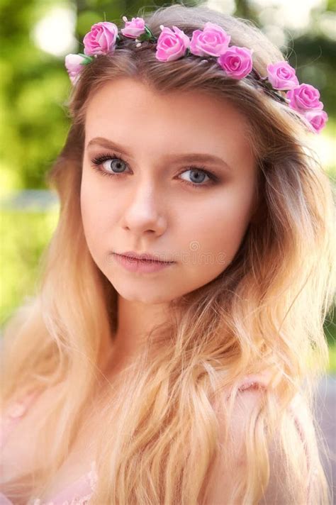 Portrait Of Beautiful Bride Blonde In Pink Lace Dress In The Hair Ornament Handmade Big Facial