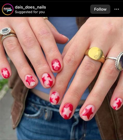 Red And Nude Stars Fake Nails Funky Nails Pretty Nails