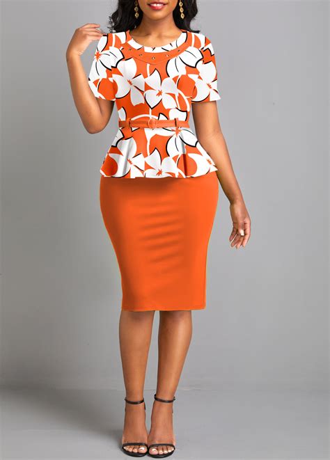 Orange Fake 2in1 Floral Print Belted Bodycon Dress Usd