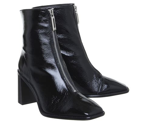 Office Awakening Front Zip Block Boots Black Patent Leather Ankle Boots