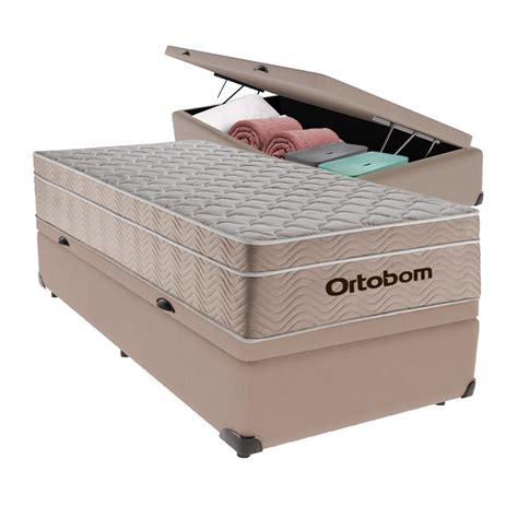 Melhores Camas Box Ortobom - Cama Box com Baú Solteiro Bege e Colchão Ortobom Airtech Molas ...