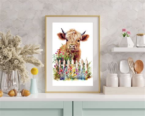 Highland Cow Wall Art Cow In Garden Print Cattle Wall Decor Cottage