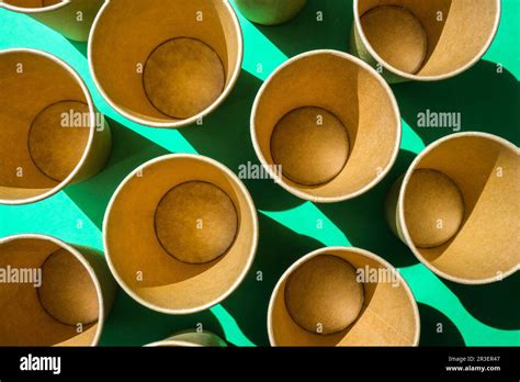 Vac E Los Vasos De Papel Reciclables Sobre Fondo Verde Muchas Tazas