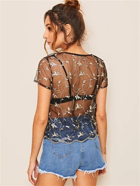 Blusa Transparente De Malla Bordada Seven Store