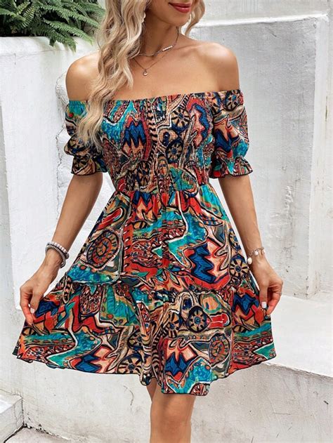 Shein Vcay Allover Print Off Shoulder Ruffle Hem Dress Shein Uk