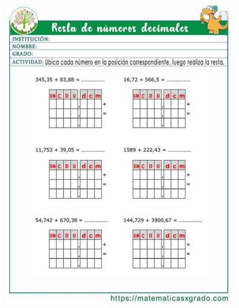 Fichas Con Ejercicios De Sumas Con Punto Decimal