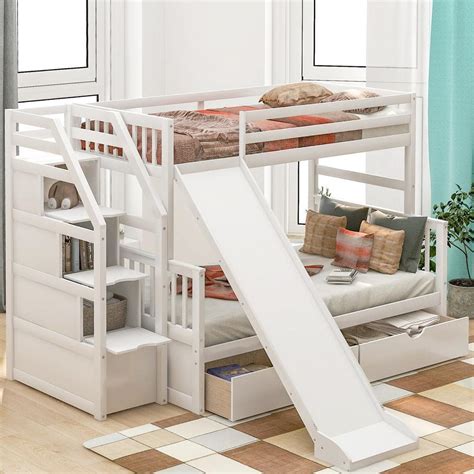 Harper And Bright Designs White Twin Over Full Bunk Bed With Drawers And