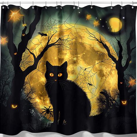 Spooky Black Cat Moon Shower Curtain Halloween Theme Glowing Eyes