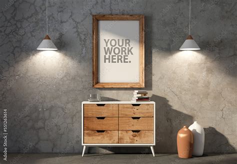 Vertical wooden poster Frame Mockup hanging above chest in room Stock ...