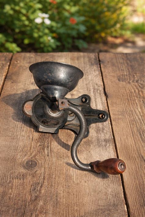 Vintage Wall Mount Coffee Grinder Cast Metal Wood Handle Rustic