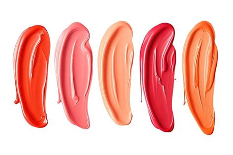 Nahaufnahme von Lippenstiftmustern darunter rote Nude und Orangetöne mit einer verschmierten