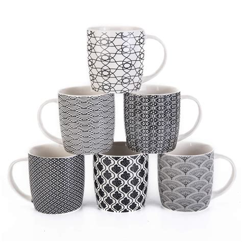 Buy Set of 6 Coffee Mugs 340 ML/11.5 oz with Black and White Geometric ...