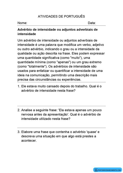 Advérbio De Intensidade - Atividades com Advérbio de intensidade - Ponto do Conhecimento