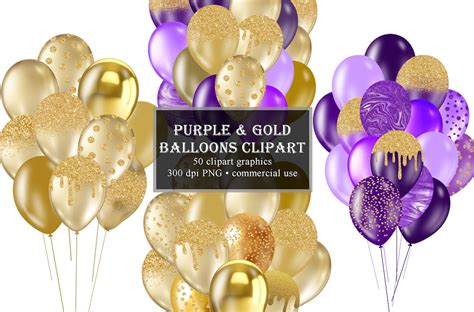 Purple And Gold Balloons Clipart Glitter Balloon Png Digital Etsy