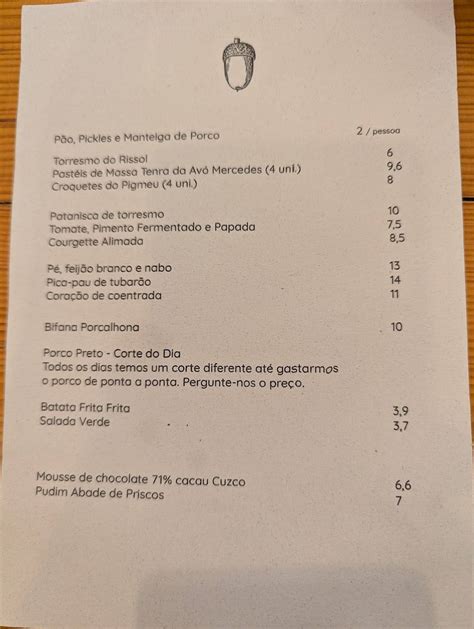 Menu at Pigmeu restaurant, Lisbon