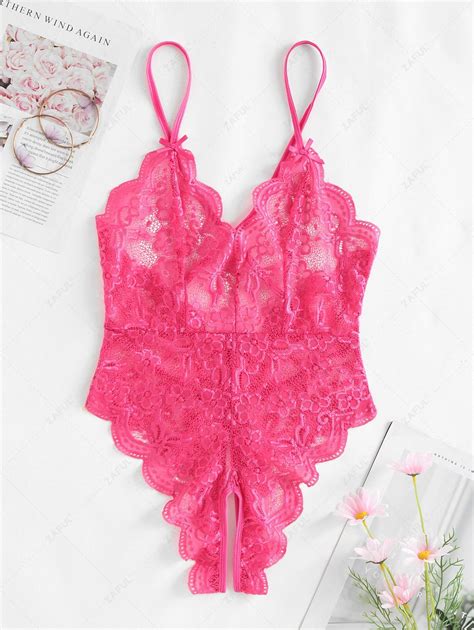 Sheer Scalloped Lace Criss Cross Crotchless Lingerie Teddy In LIGHT PINK ZAFUL