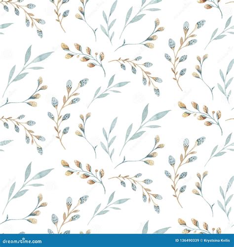 Seamless Pattern With Spring Willow Flowers And Leaves Easter Hand Drawn Background With Pussy