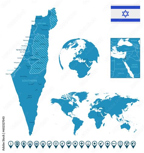 Israel - detailed blue country map with cities, regions, location on world map and globe ...