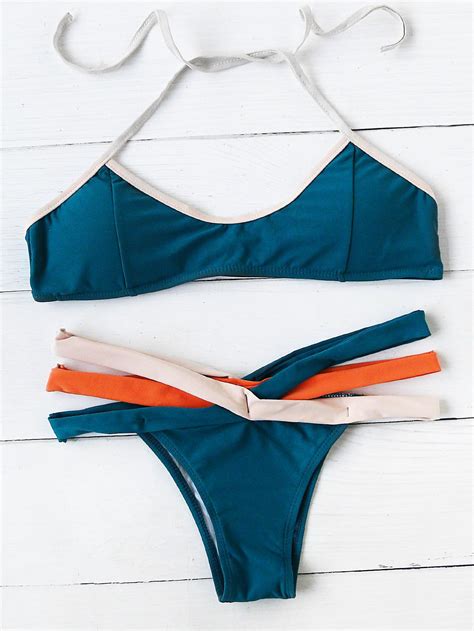 Shop Color Block Strappy Bikini Set Online Shein Offers Color Block