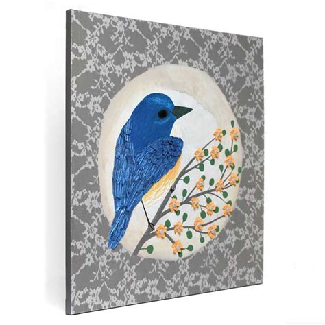 Textured Painting of Sparrow on Flower Branch, Indigo, Warm Gray ...