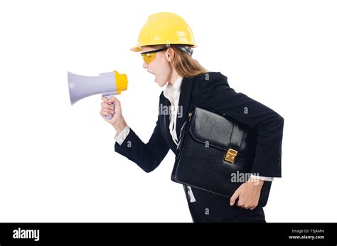 Woman With Hard Hat Isolated On White Stock Photo Alamy