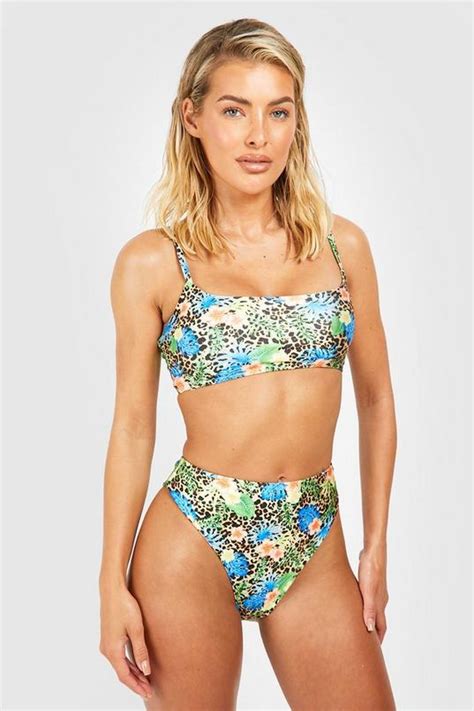 Womens Tropical Leopard Scoop High Leg Bikini Set Boohoo Uk