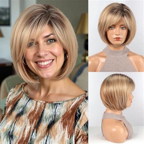 Amazon Haircube Bob Wigs For Women Synthetic Wig With Fringe Mixed Blonde Color Beauty