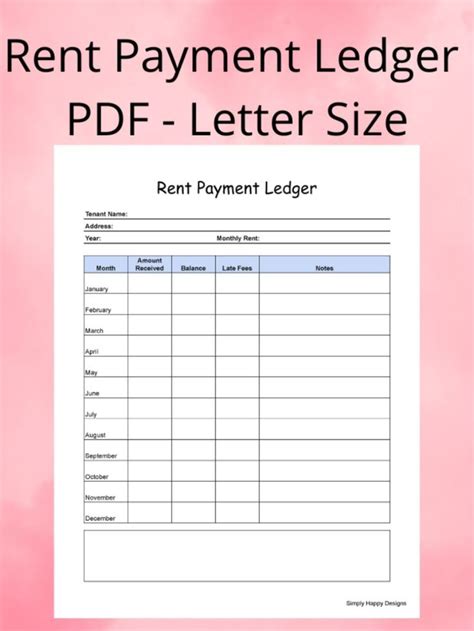 Rent Payment Ledger Pdf Letter Size Etsy Lettering Happy Design