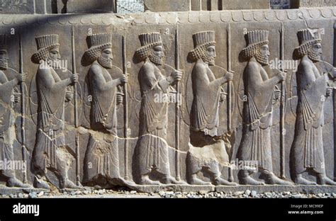 Achaemenid Empire. Persepolis Palace. Relief of The Immortals. Persian elite soldiers. Apadana ...