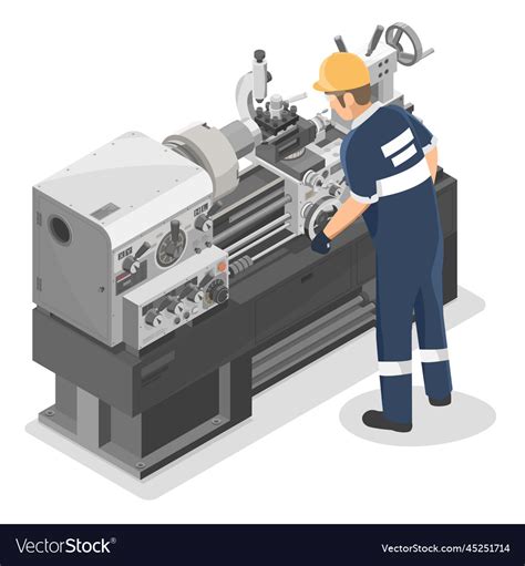 Technician Work On Heavy Duty Metal Lathe Machine Vector Image