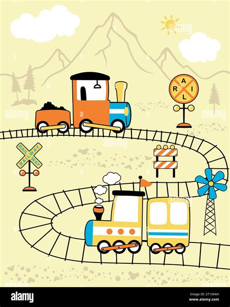 Locomotive Cartoon Vector On Mountain Background Railway Elements