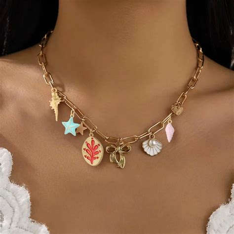 Collar De Estrella De Mar De Concha Linda Para Mujer Eslabones De Acero