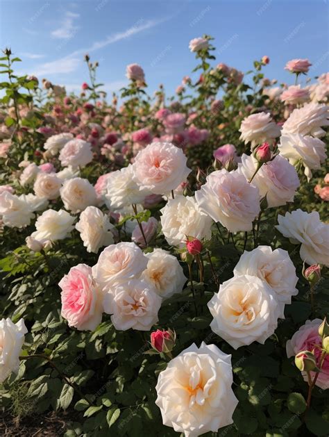 Un campo de rosas con flores rosas y blancas. | Foto Premium