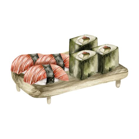 Watercolor Japanese Sushi Asian Seafood On Wooden Plate Sashimi With