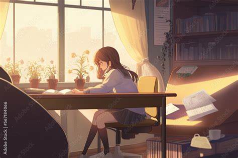 anime girl studying in a cafe, lofi, chill, cozy, generative ai Stock ...