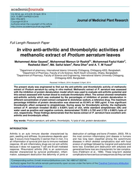 vitro anti arthritic  thrombolytic activities  methanolic