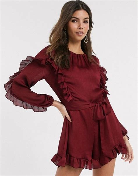 River Island Ruffle Romper In Dark Red Asos Long Sleeve Playsuit