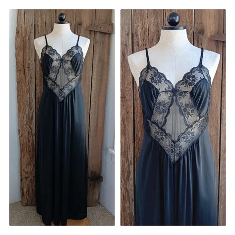 Vintage JC Penney Black Long Nightgown Medium Lace Front Sexy Full Length Lingerie Sleeveless Etsy