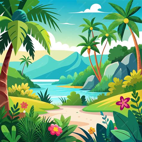 Lush tropical paradise with river and palm trees | Premium AI-generated