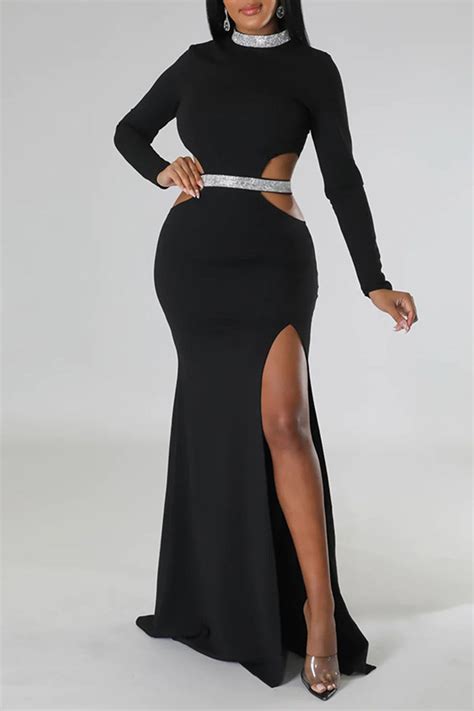 Wholesale Black Sexy Solid Hollowed Out Patchwork Slit Hot Drill Half A Turtleneck Evening Dress