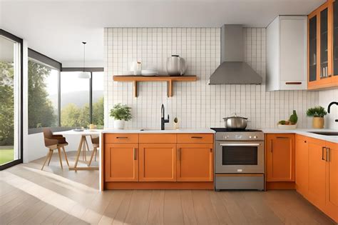 Premium AI Image A Kitchen With Orange Cabinets And A Stainless Steel