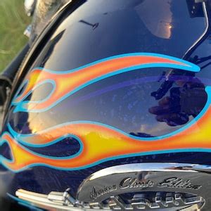 Old School No 8 Hot Rod Motorcycle Flame Decals Airbrushed Fire W Glacier Blue Pinstripe