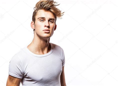 Attractive Man Wearing T Shirt Close Up Portrait On White Background