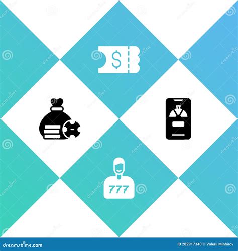 Set Money Bag, Lucky Player, Lottery Ticket and Wheel Phone Icon