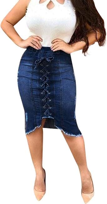 Jeansrock Damen Knielang Größe Größen Ripped Classic Kreuzgürtel