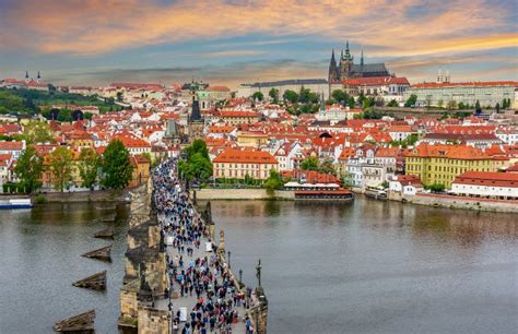 Prague Cityscape With Charles Bridge Over Vltava River And Prague