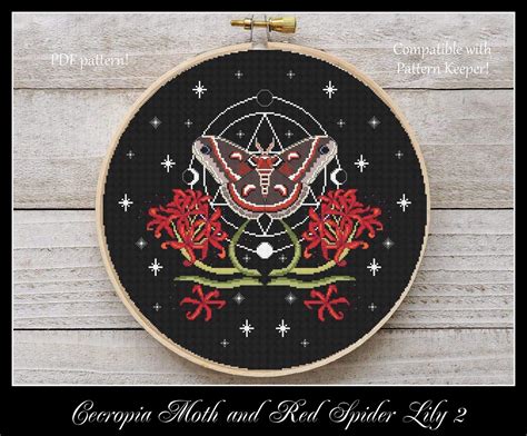 Cecropia Moth And Red Spider Lily Black Cross Stitch Pattern Etsy